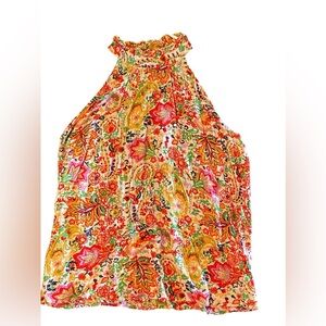 Cynthia Rowley colorful sleeveless blouse floral print a ruffled neck Fall